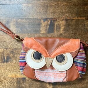 Owl Wristlet Canvas and Faux Leather Zip Snap Closure Inner Pocket Wallet Purse